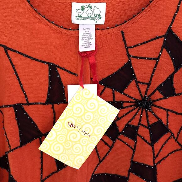 Quacker Factory Halloween Beaded Spiderweb Cardigan Womens Sz L Orange Black NEW - Picture 4 of 16